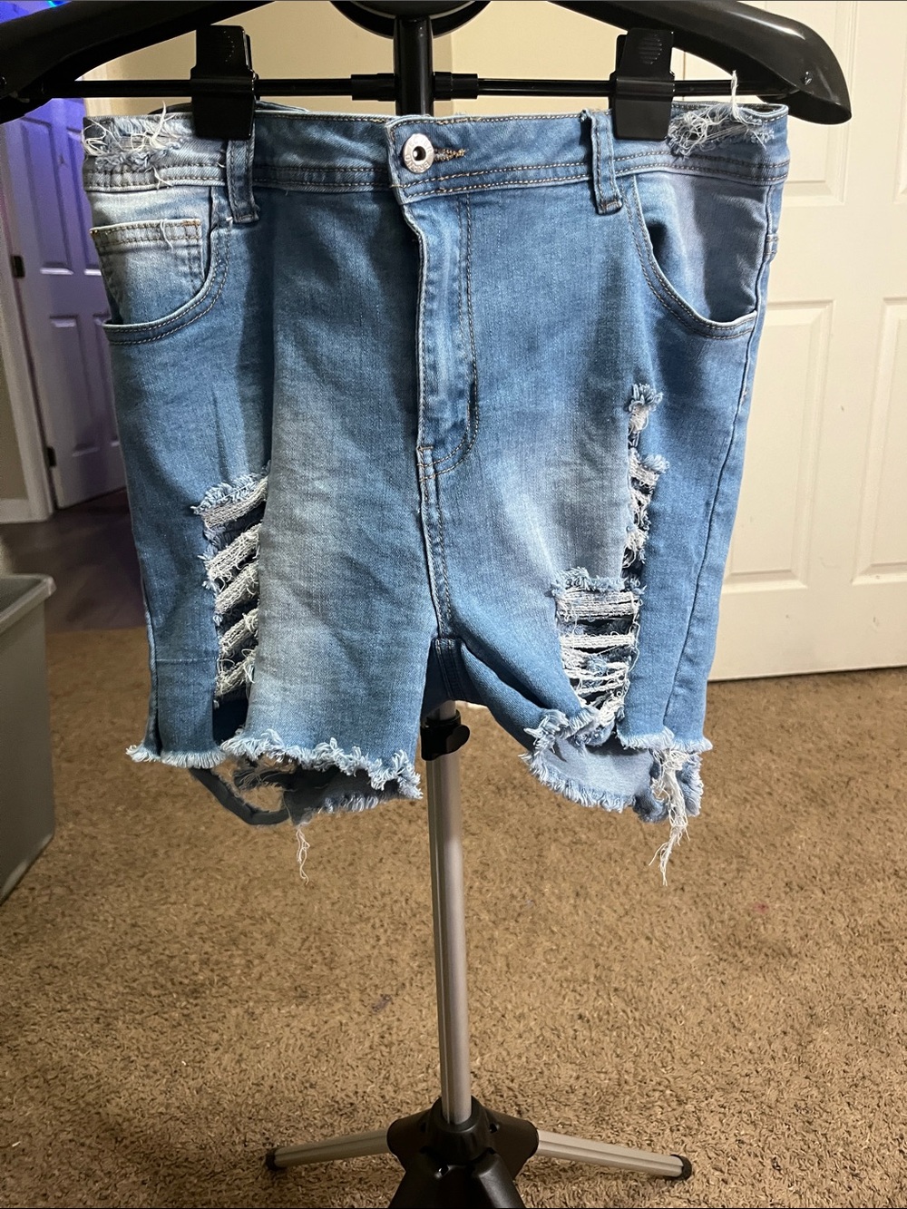 Light Blue Distressed Denim Jean Shorts - Women
